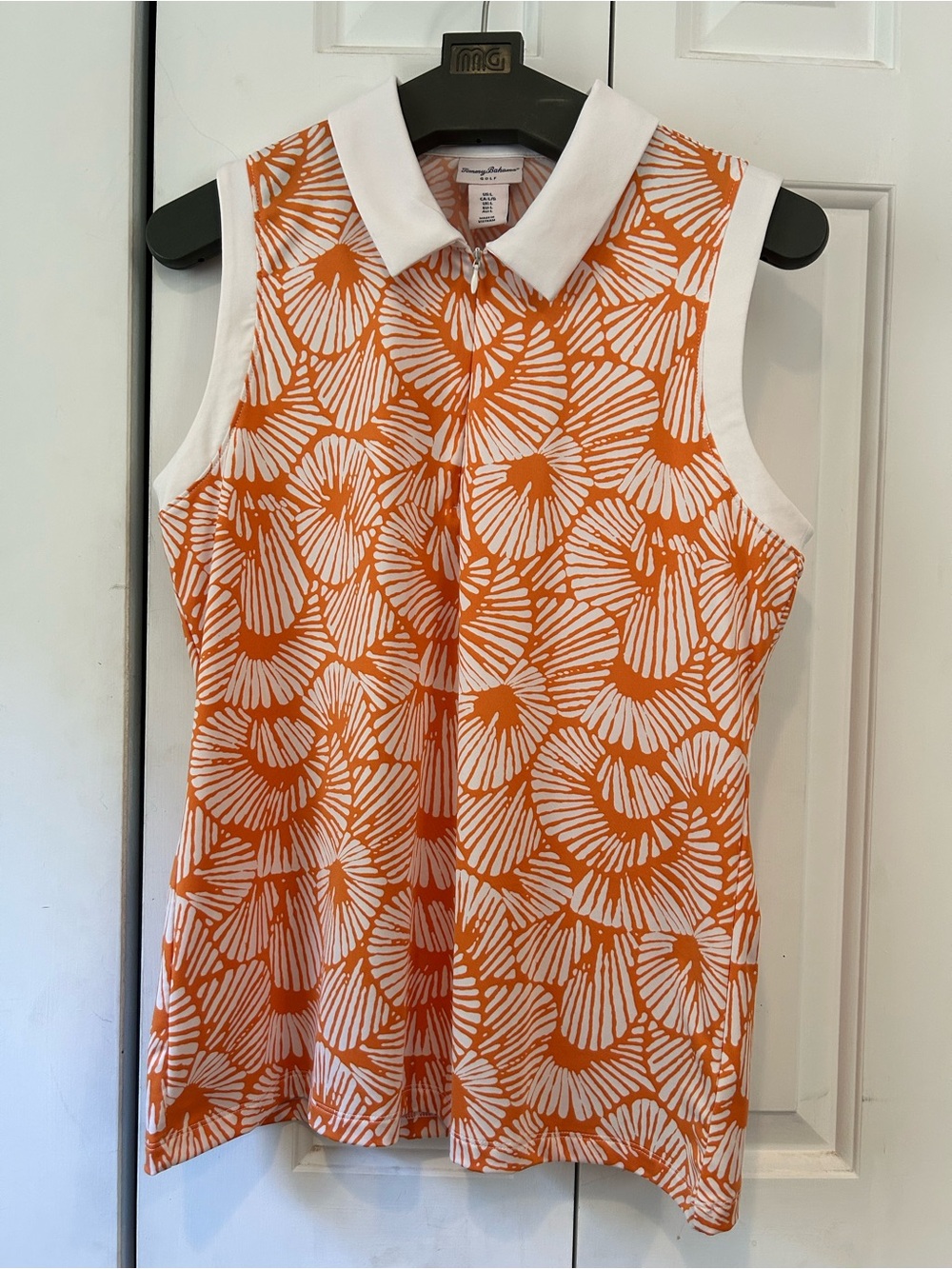 Tommy Bahama Golf Polo Shirt Women's L White Orange 1/4 Zip Sleeveless Floral